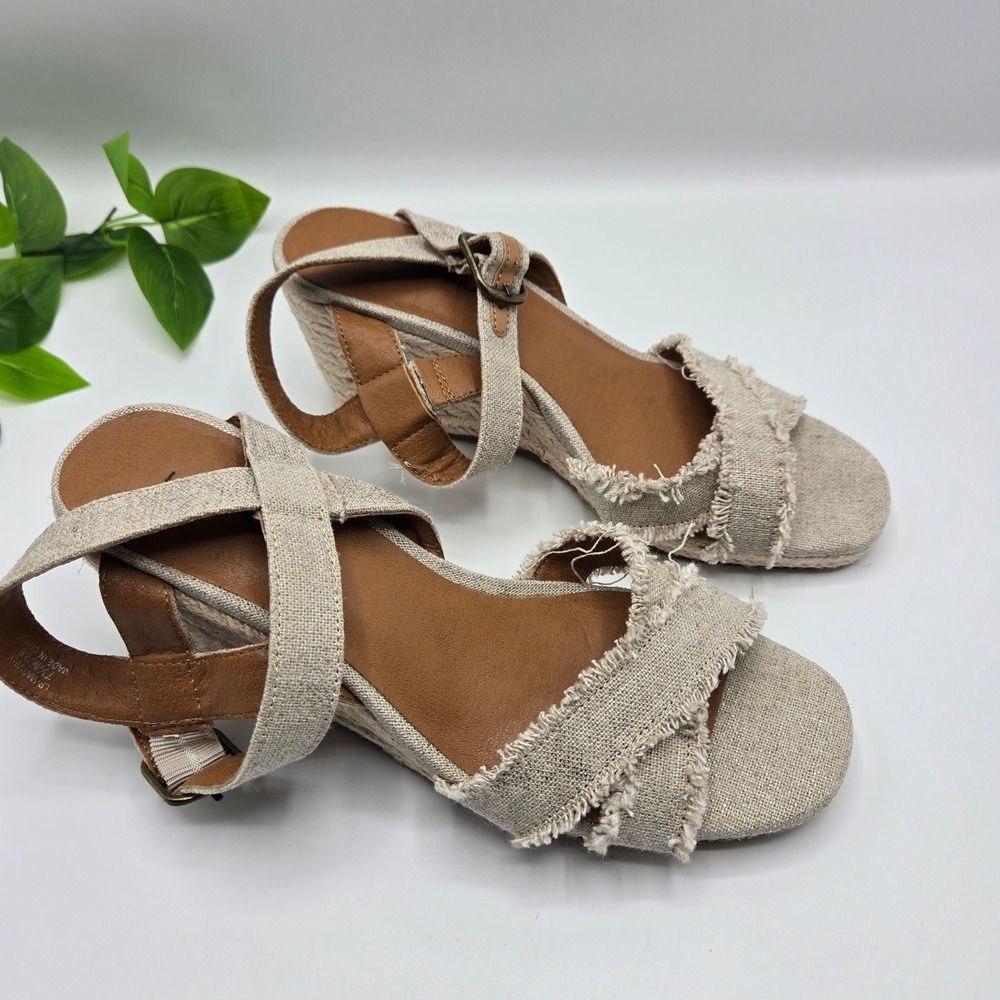 Lucky Brand Marveiy Wedge Sandals WMS 7.5M Oatmeal Linen Frayed Espadrille - Picture 3 of 6